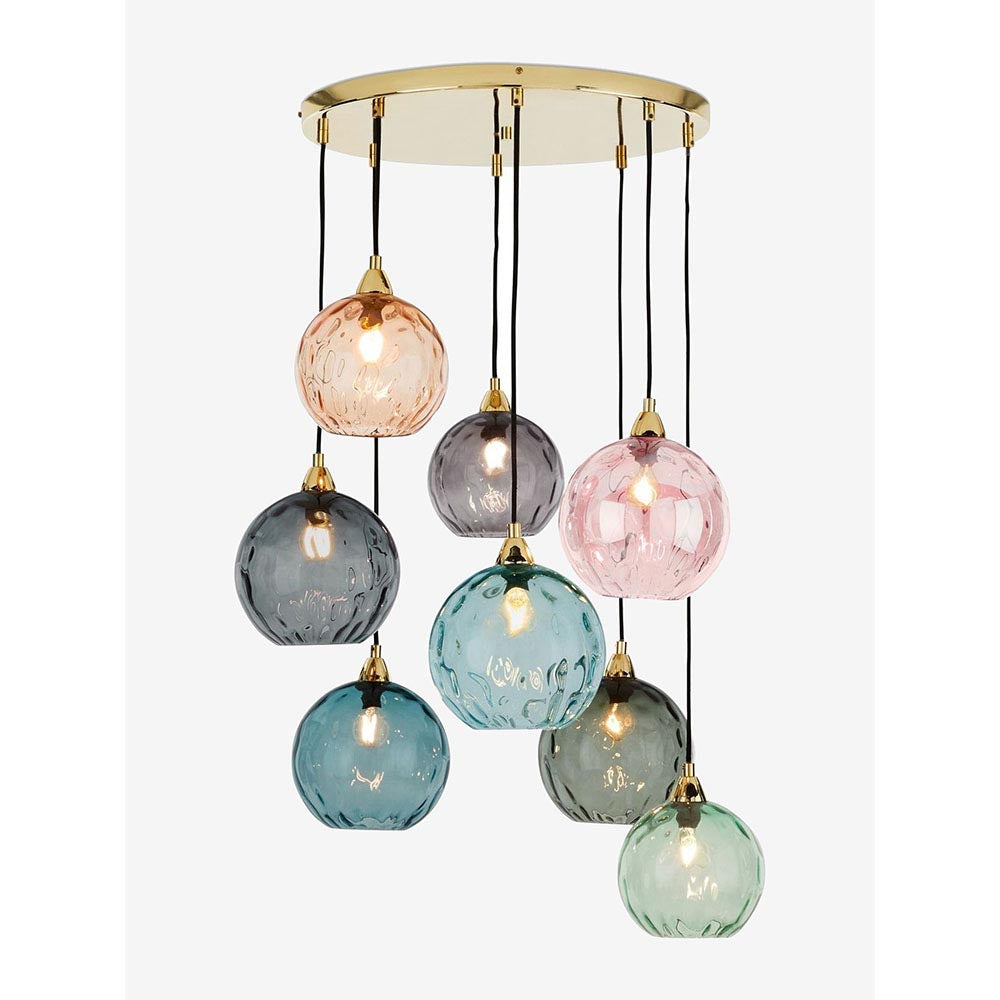 Ilaria Polished Brass 8 Light Cluster Pendant with Multi Coloured Shades