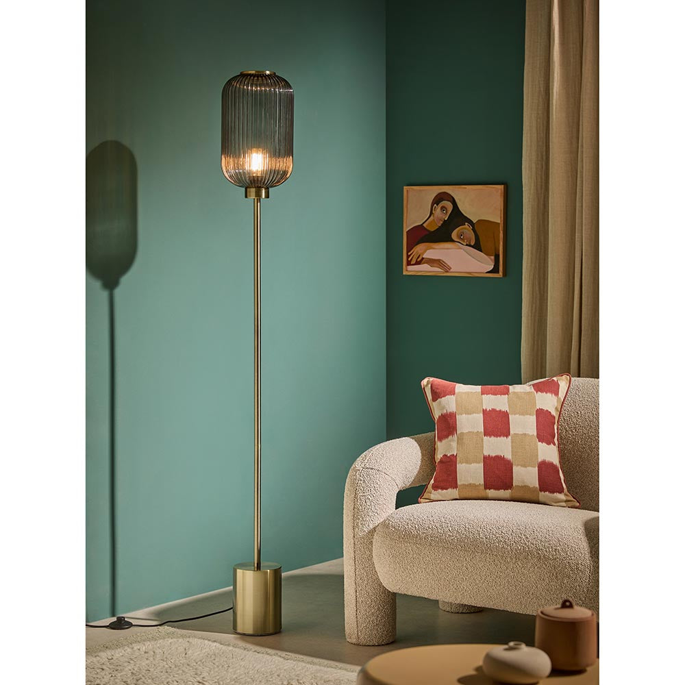Briz Antique Brass Floor Lamp C/W Smoked Shade