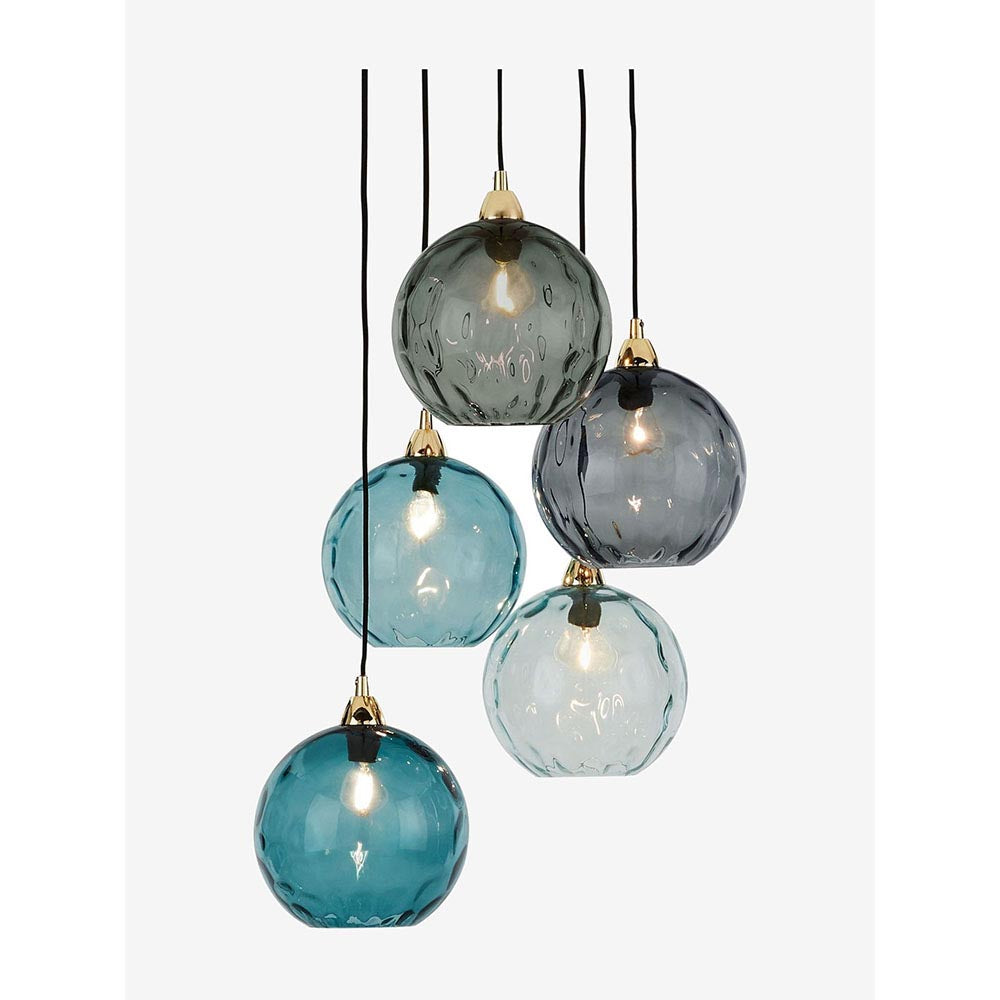 Ilaria Polished Brass 5 Light Cluster Pendant with Blue Toned Shades