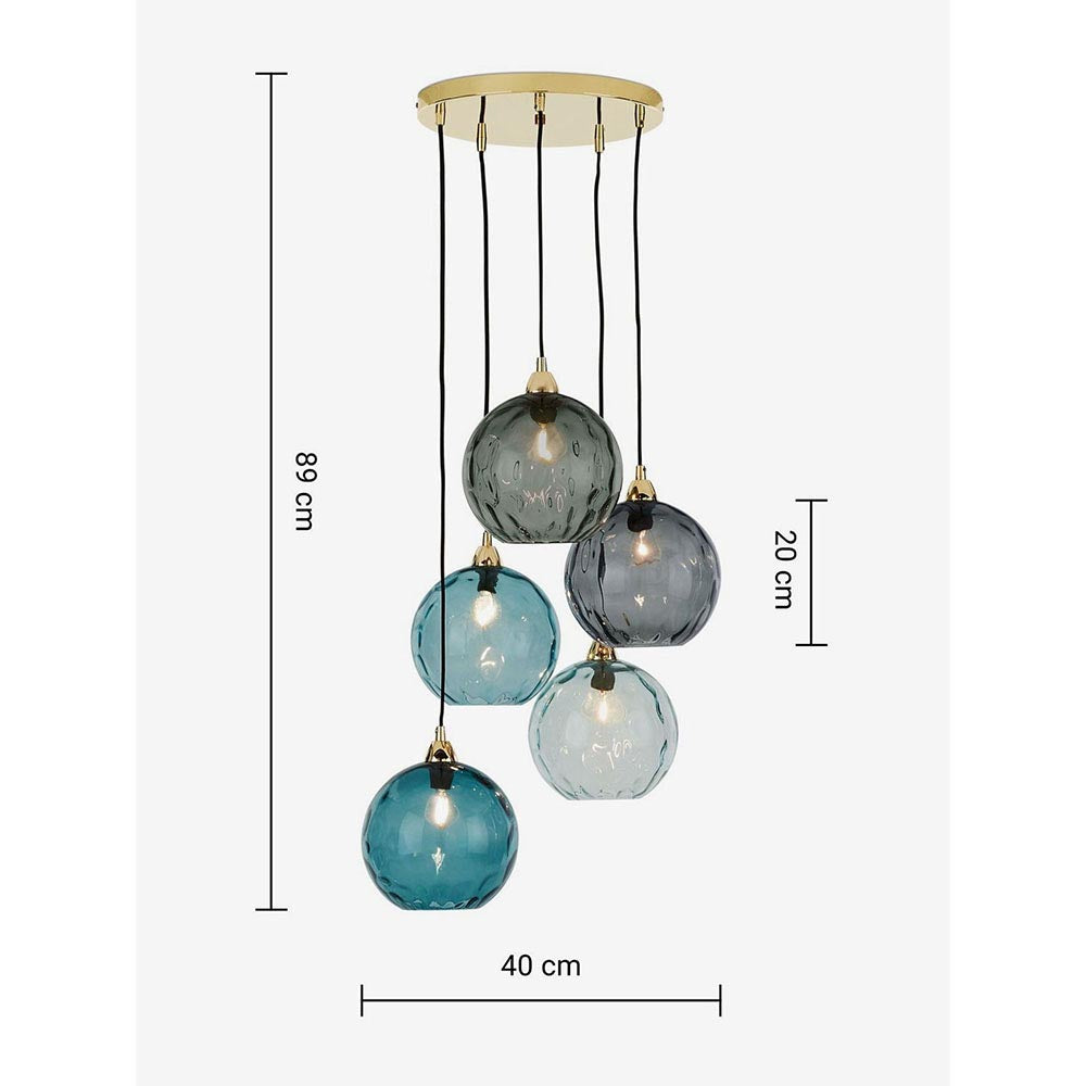 Ilaria Polished Brass 5 Light Cluster Pendant with Blue Toned Shades