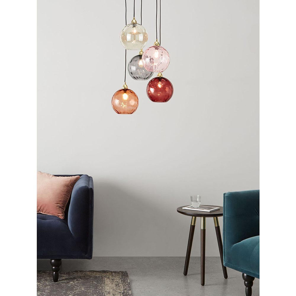 Ilaria Polished Brass 5 Light Cluster Pendant with Multi-Coloured Shades