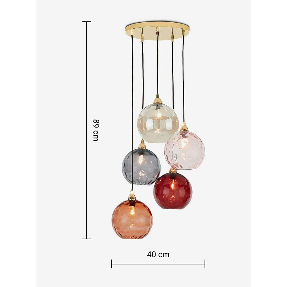 Ilaria Polished Brass 5 Light Cluster Pendant with Multi-Coloured Shades