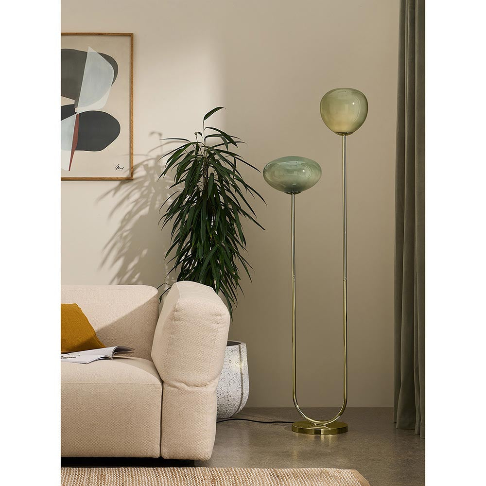 Adrianne Polished Brass Floor Lamp with Green Toned Shades
