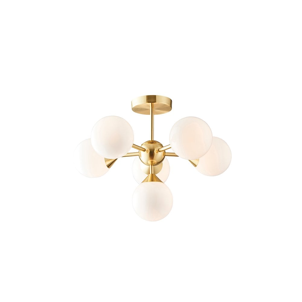 Oscar 6 Light Semi Flush in Brushed Brass with Gloss White Glass