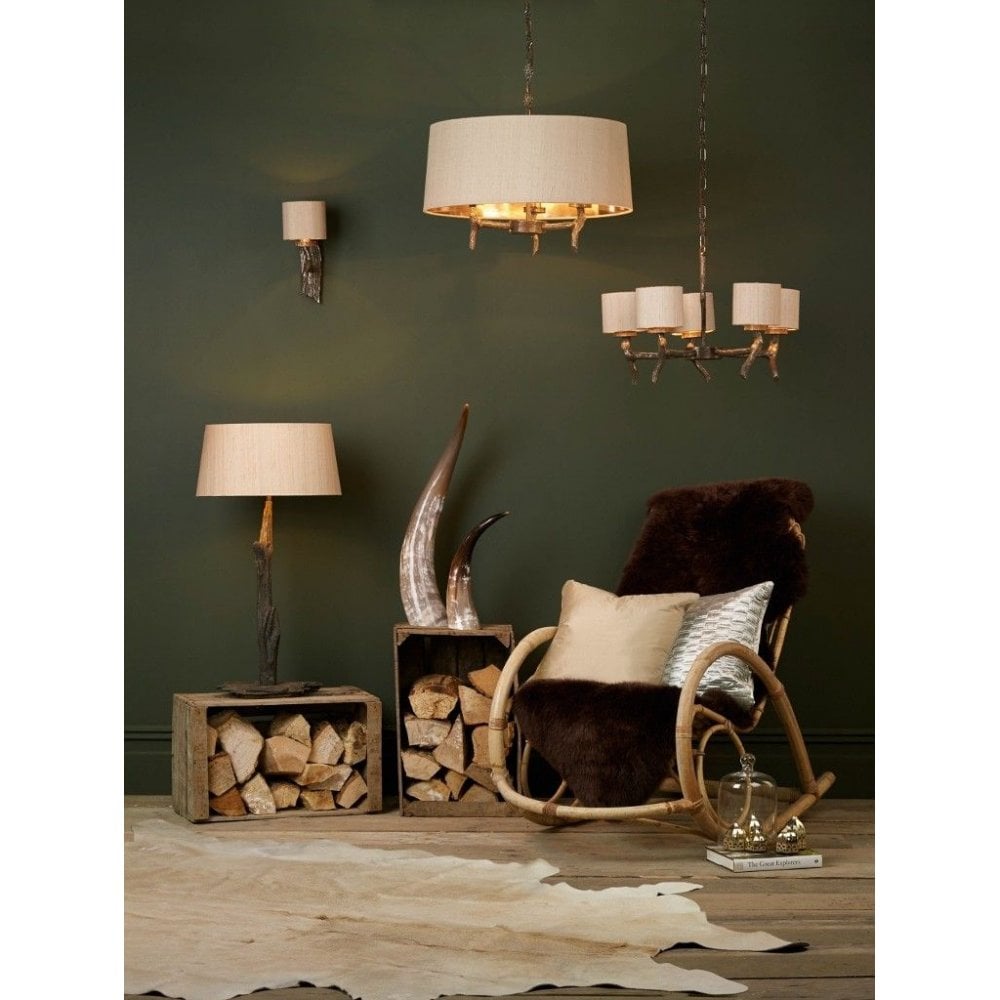 Joshua 5 Light Dual Mount Pendant Bronze Taupe Silk Shades