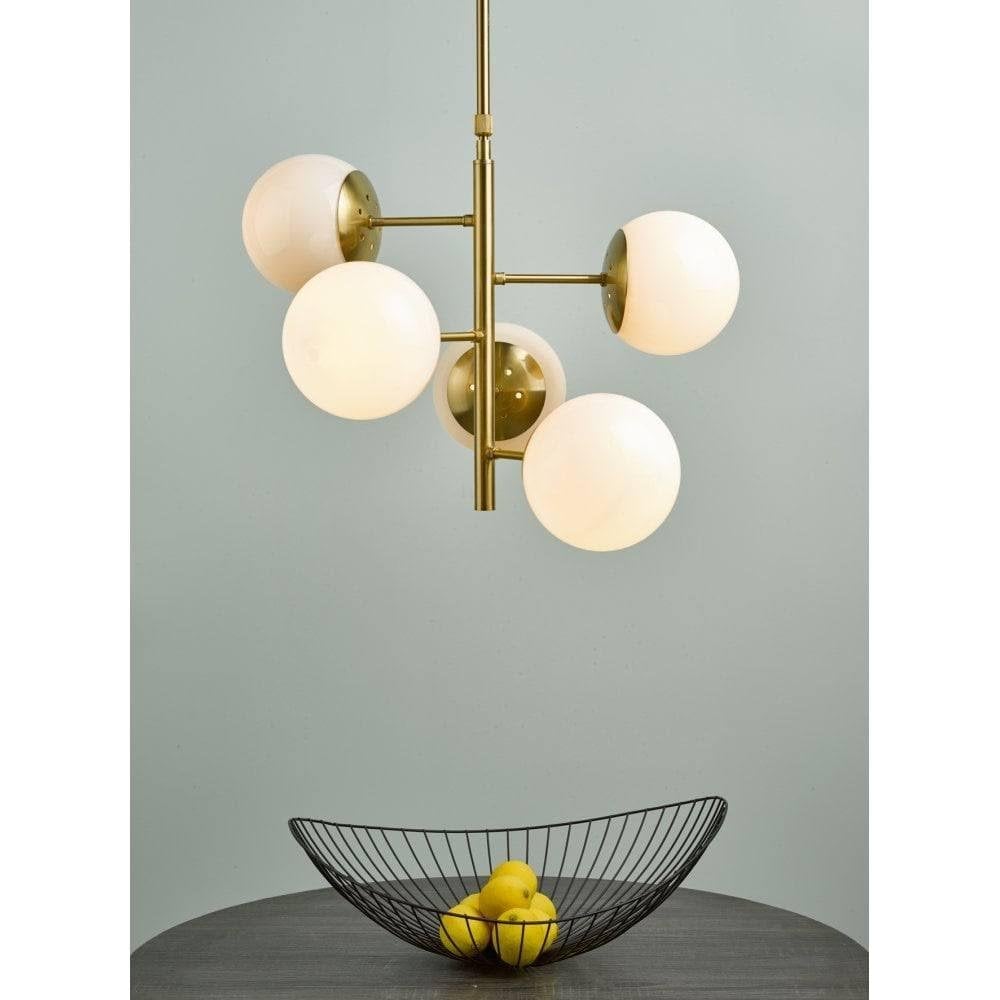 Bombazine 5 Light Pendant Natural Brass & White Opal Glass