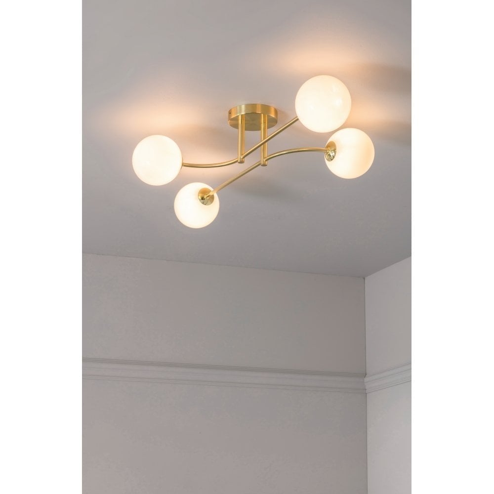 Otto 4 Light Semi Flush in Brushed Brass with Gloss White Glass