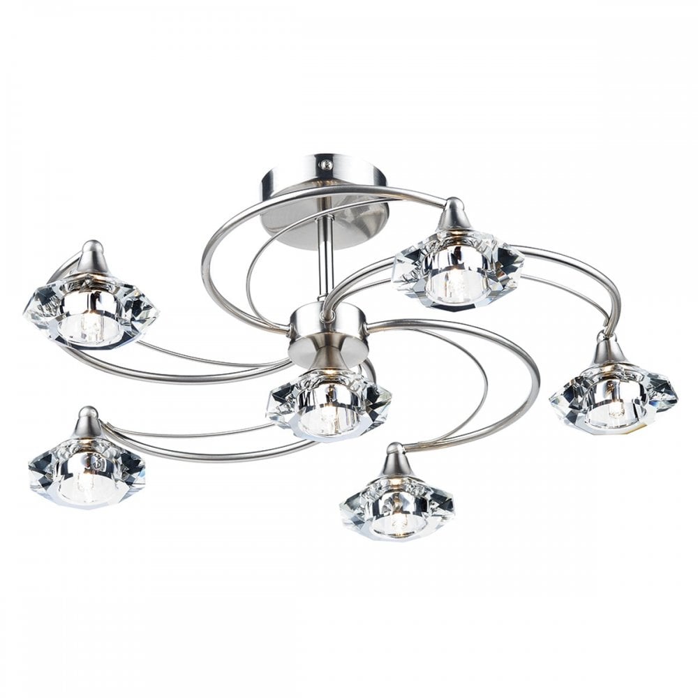 Luther 6 Light Semi Flush complete with Crystal Glass Satin Chrome