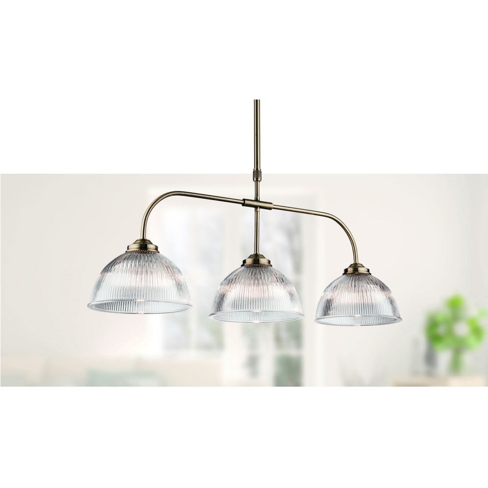 Ashford 3 Light Billiard Fitting in Antique Brass with Ribbed Glass