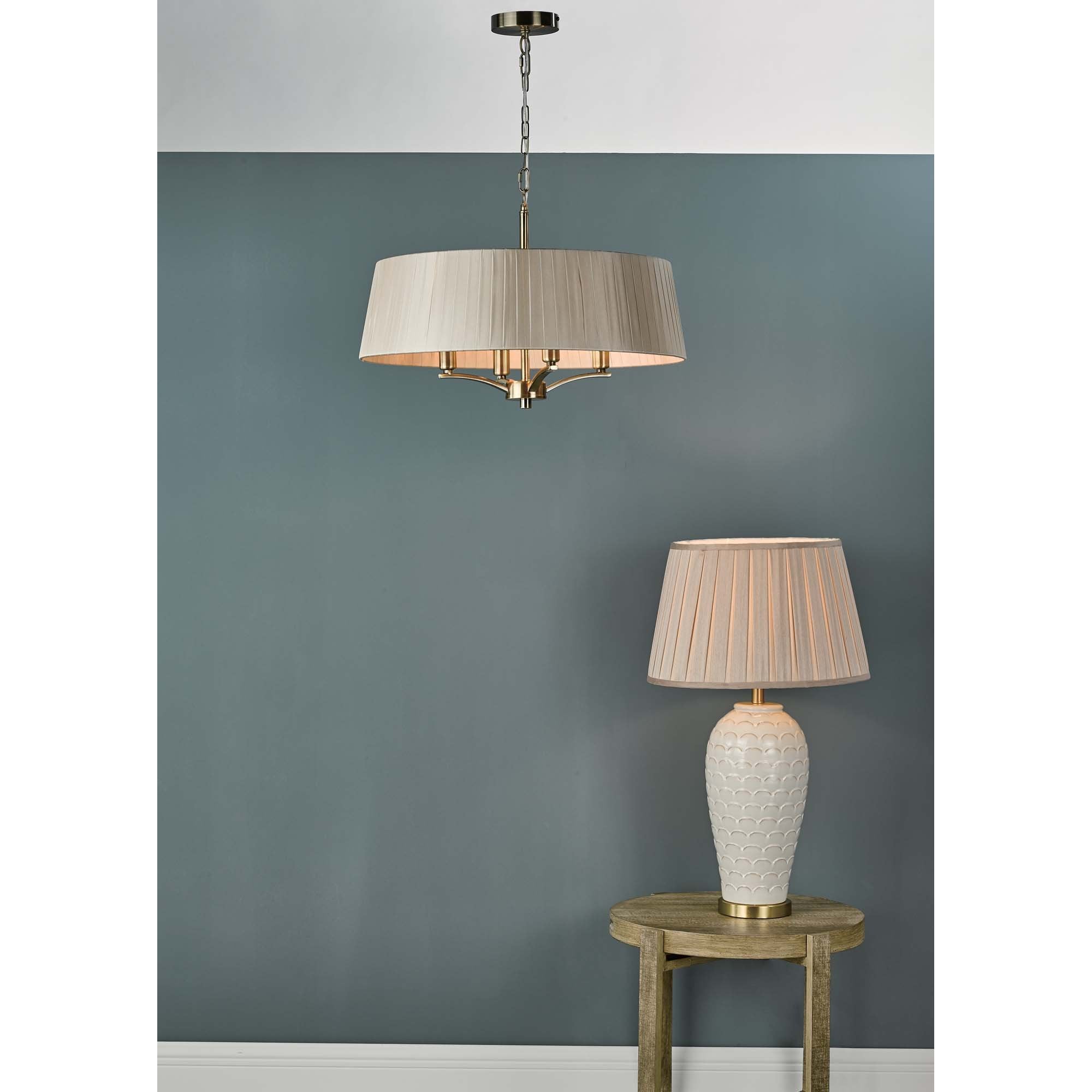 Cristin 4 Light Pendant Antique Brass with Taupe Shade