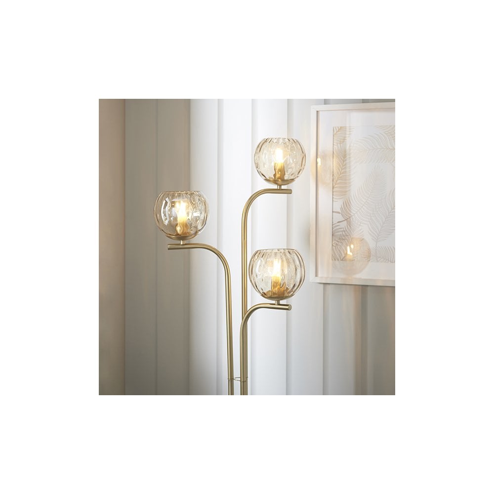 Dimple 3 Light Floor Lamp in Brushed Brass with Champagne Glass