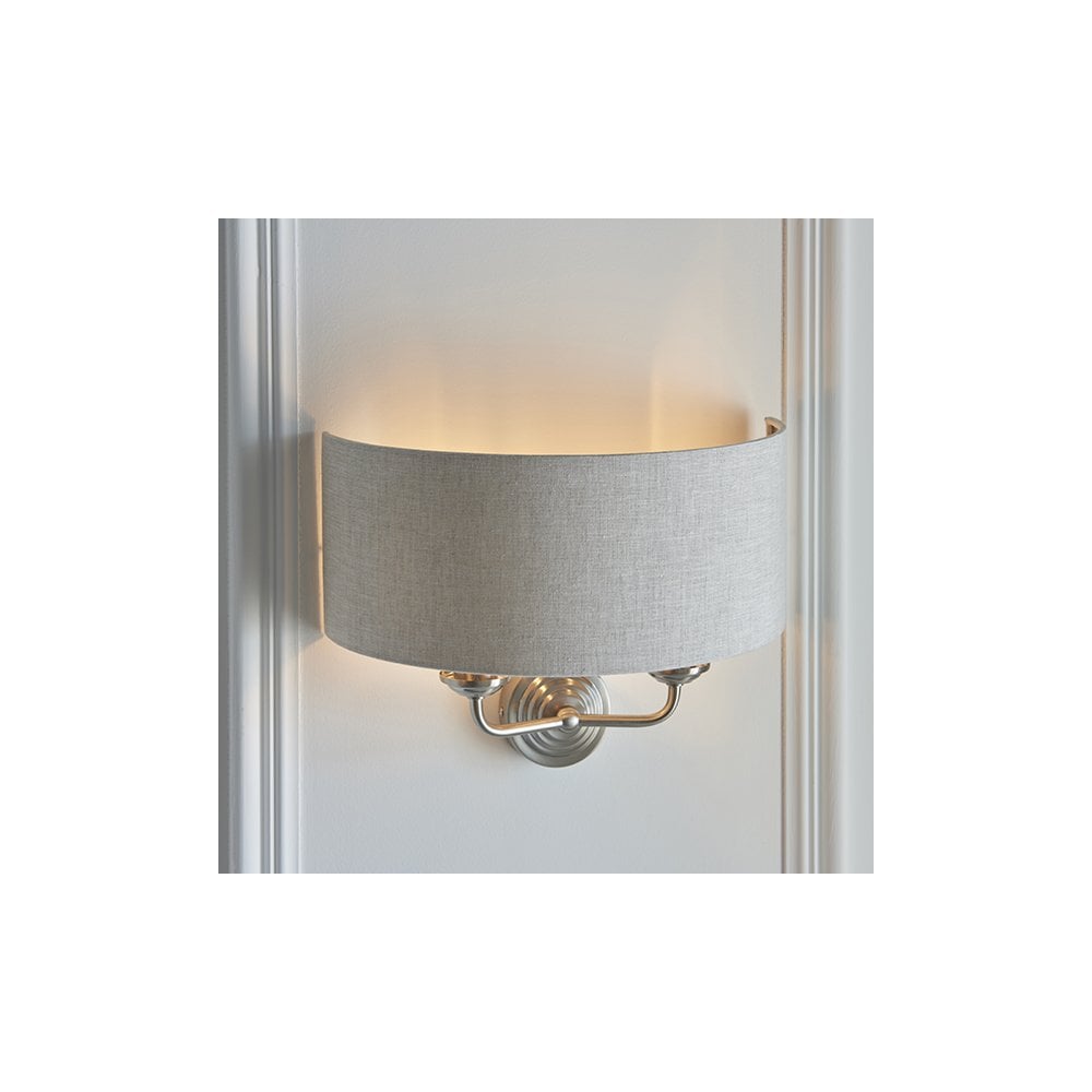 Highclere Double Wall Light in Brushed Chrome C/W Natural Shade