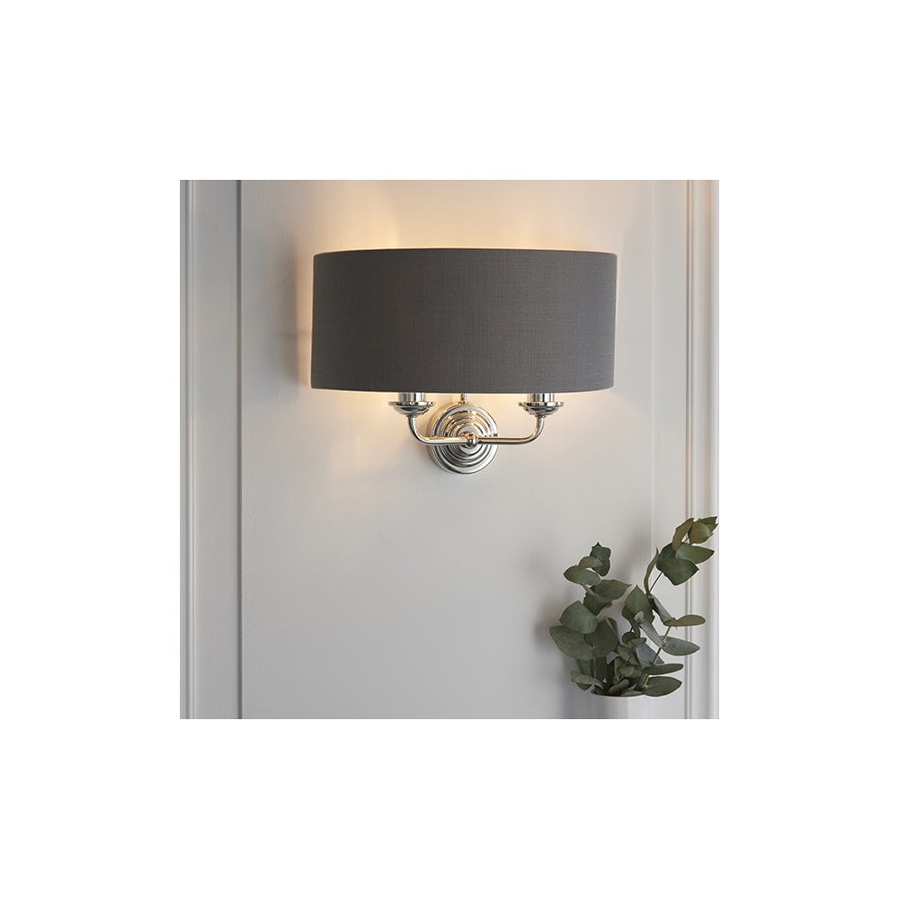 Highclere Double Wall Light in Bright Nickel C/W Charcoal Shade