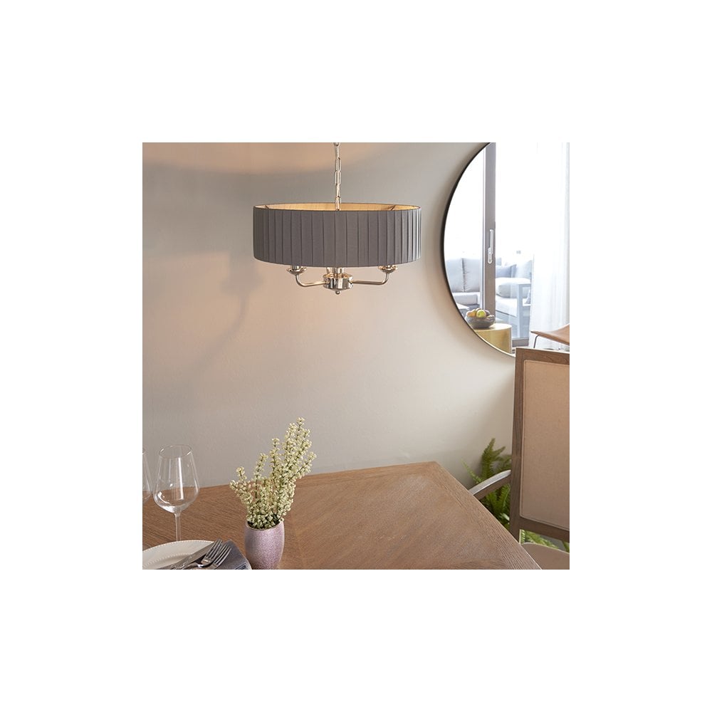 Highclere 3 Light Pendant in Bright Nickel C/W Wrapped Charcoal Silk Shade