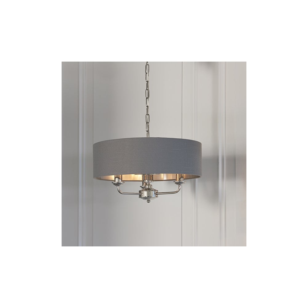 Highclere 3 Light Pendant in Bright Nickel C/W Charcoal Shade