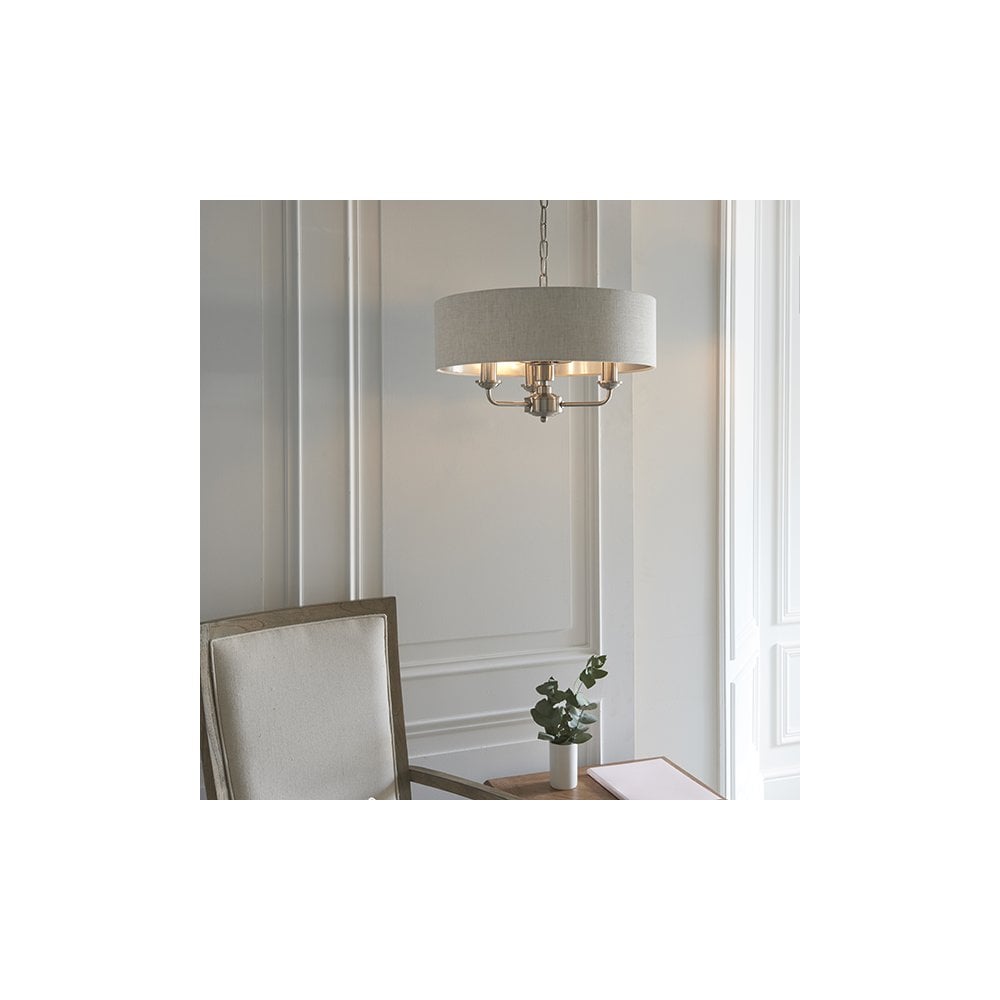 Highclere 3 Light Pendant in Brushed Chrome C/W Natural Shade