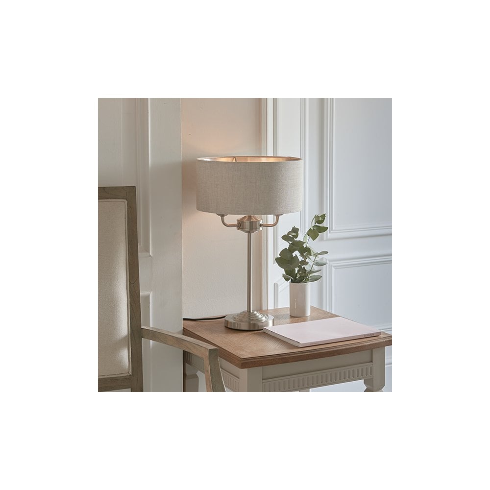 Highclere 3 Light Table Lamp in Brushed Chrome C/W Natural Shade