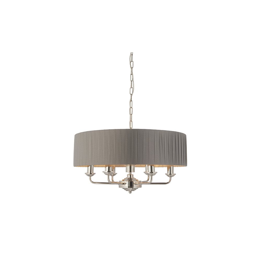 Highclere 6 Light Drum Pendant in Bright Nickel C/W Wrapped Charcoal Silk Shade