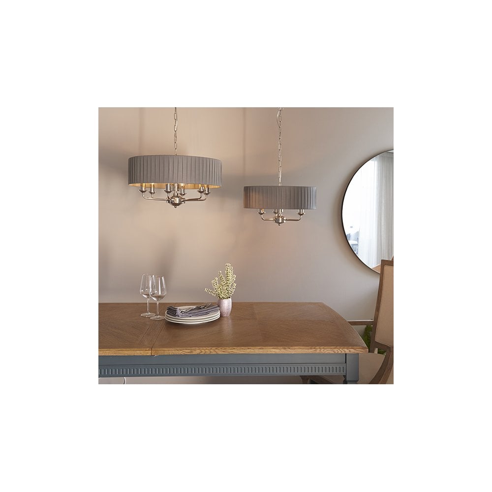 Highclere 6 Light Drum Pendant in Bright Nickel C/W Wrapped Charcoal Silk Shade