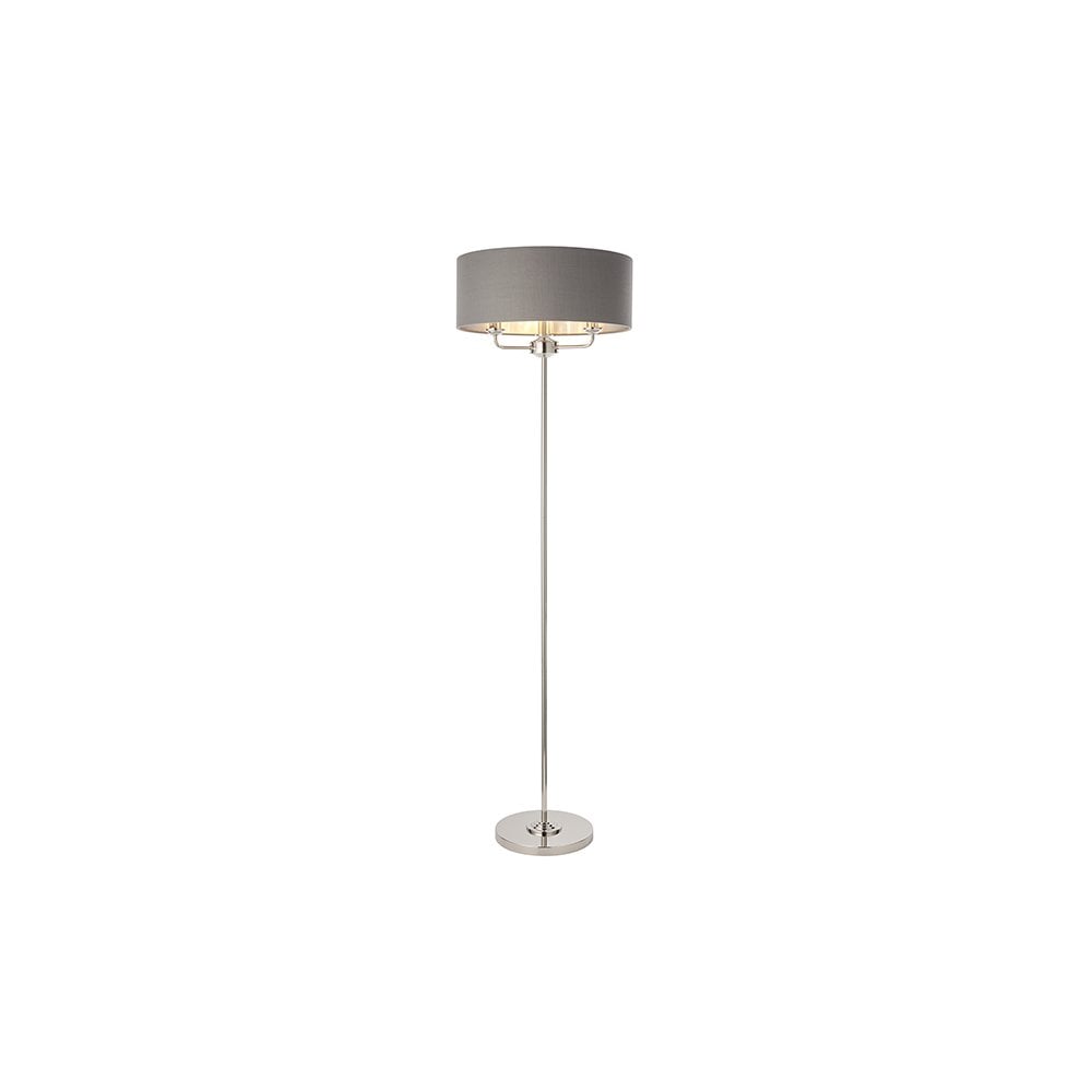 Highclere 3 Light Floor Lamp in Bright Nickel C/W Charcoal Shade