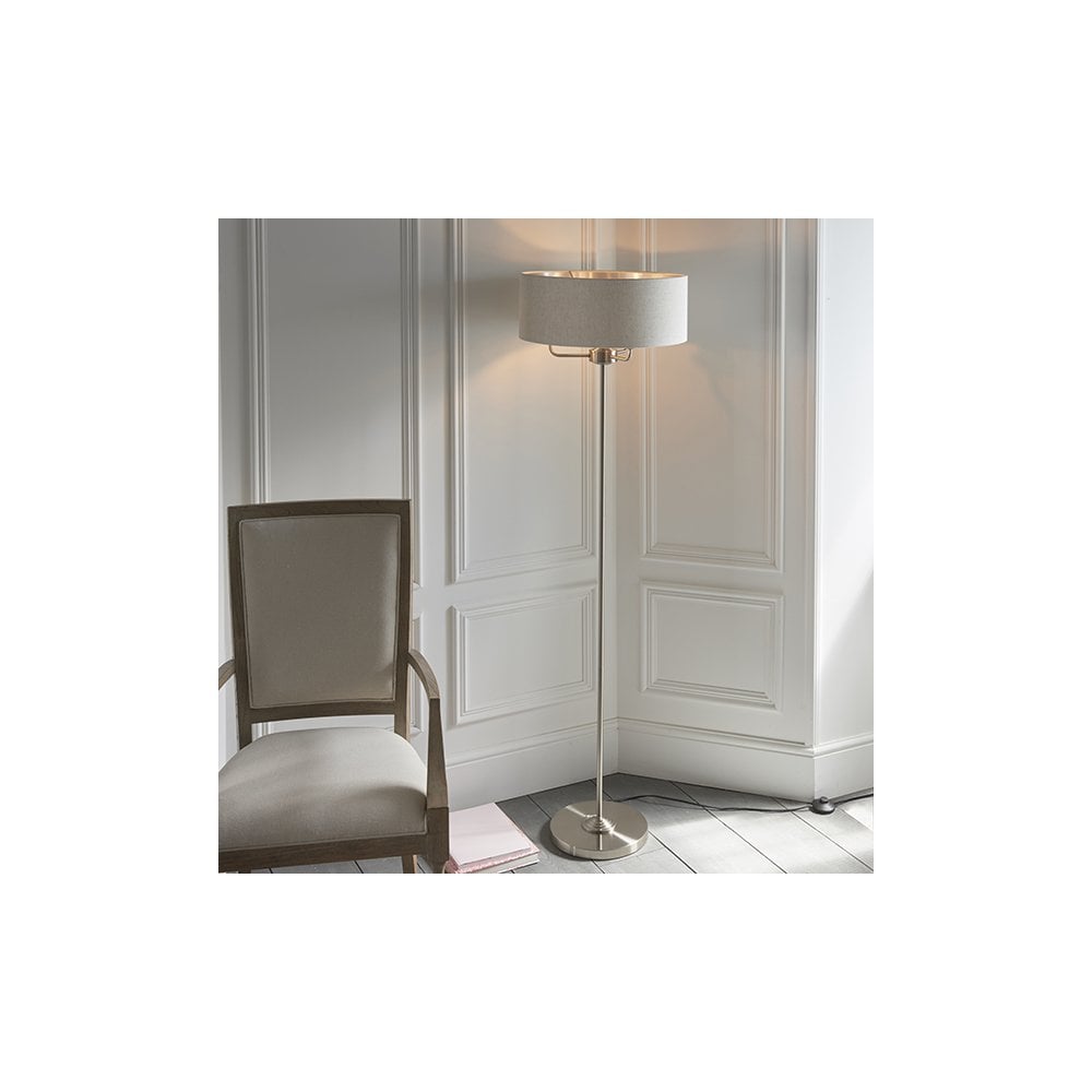 Highclere 3 Light Floor Lamp in Brushed Chrome C/W Natural Shade