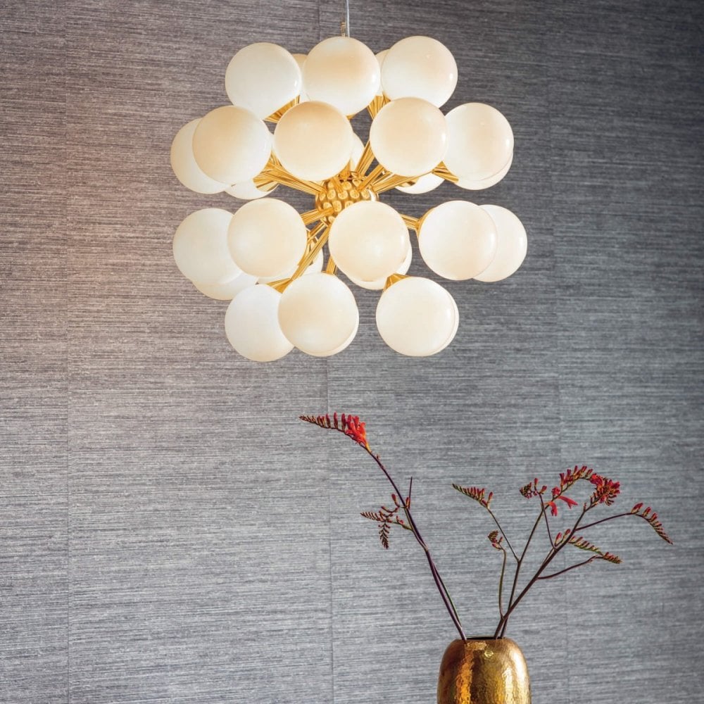 Oscar 28 Light Pendant in Brushed Brass with Gloss White Glass