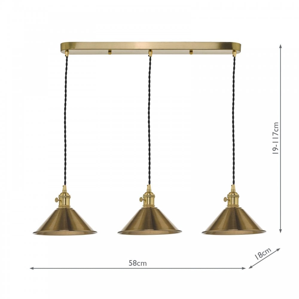Hadano 3 Light Suspension in Natural Brass With Brass Shades