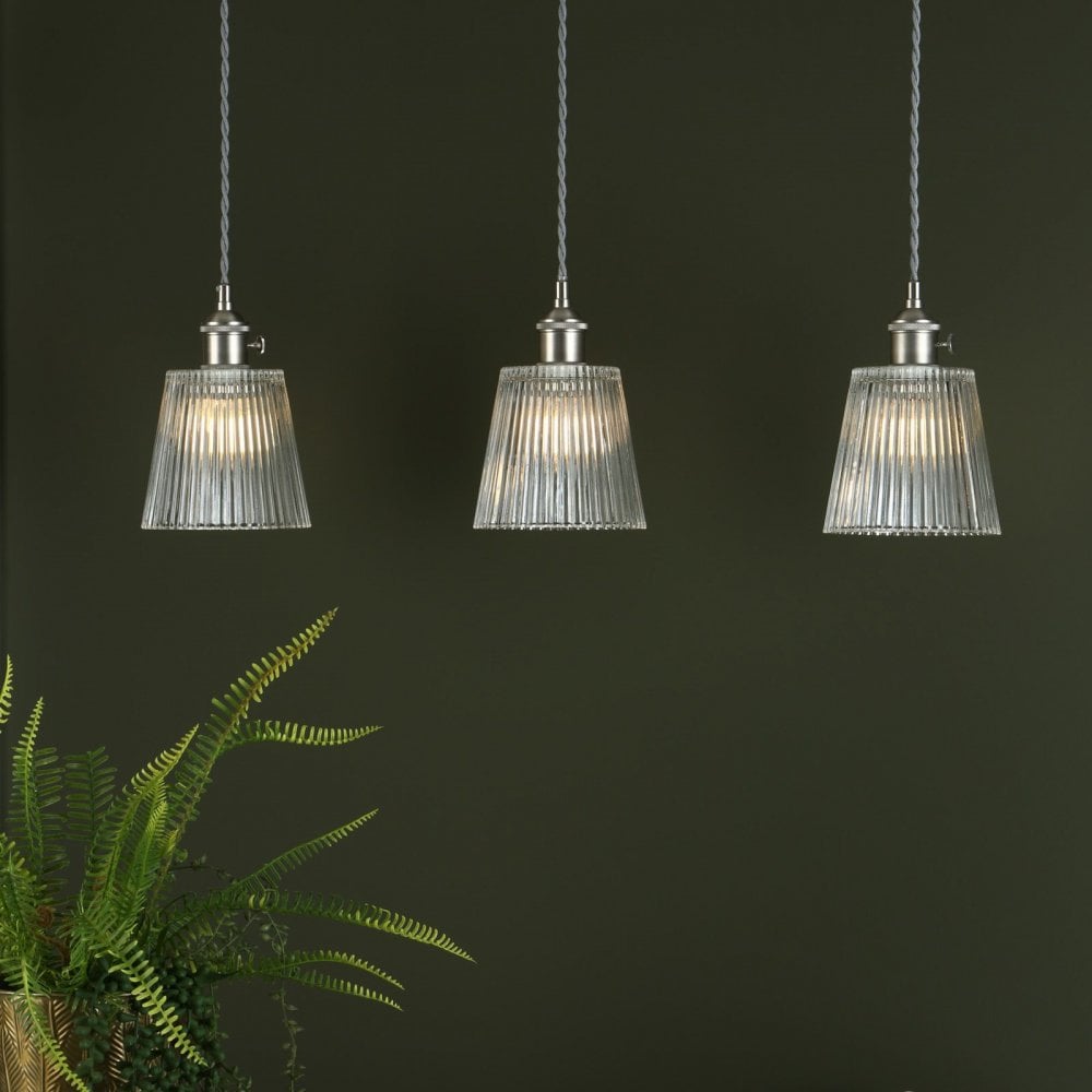 Hadano 3 Light Suspension in Antique Chrome With Ribbed Glass Shades