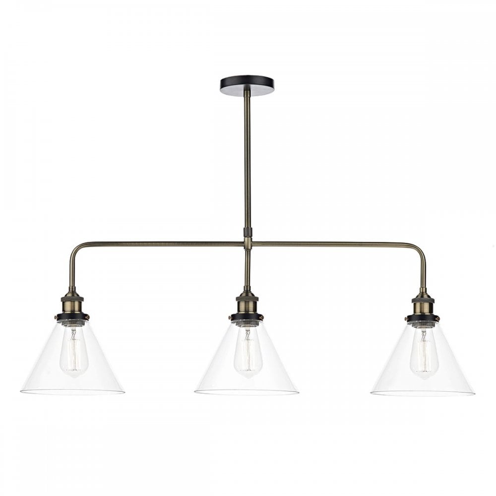 Ray 3 Light Bar Pendnt in Antique Brass & Clear Glass