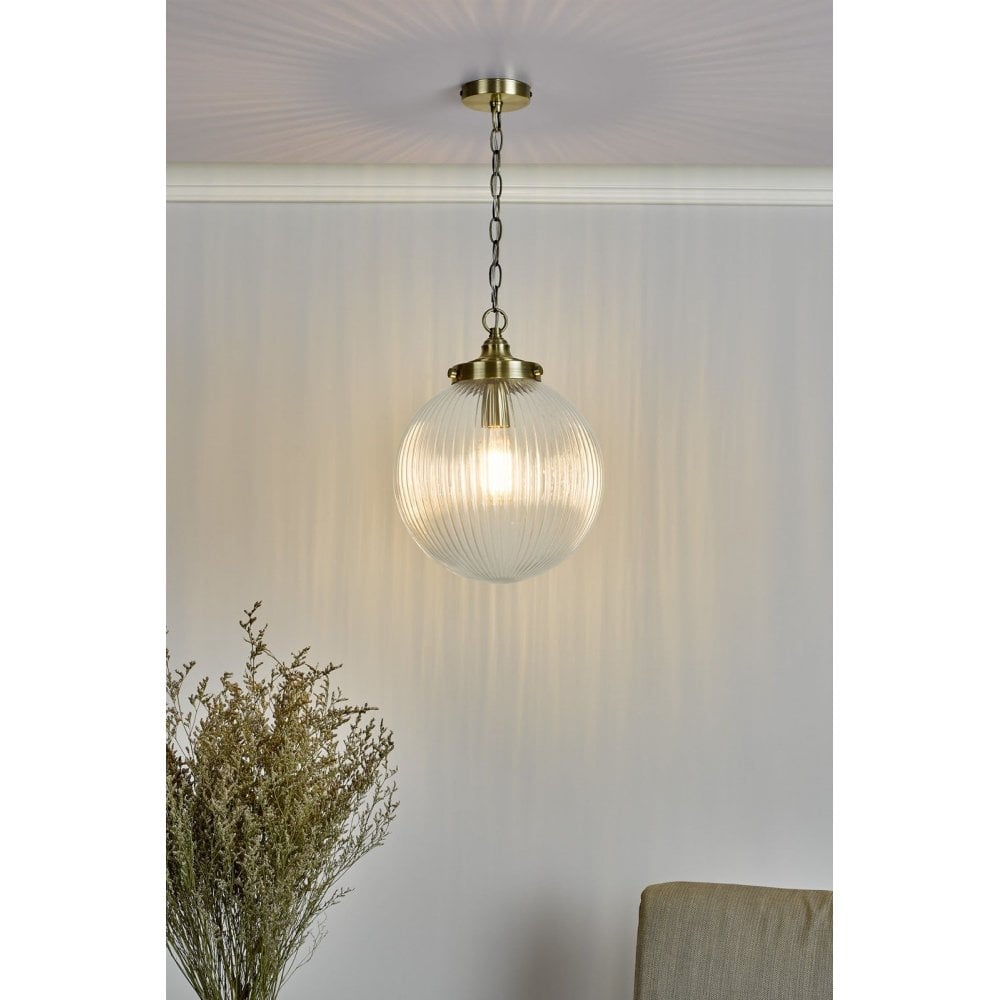 Tamara Pendant with Ribbed Glass in Antique Brass