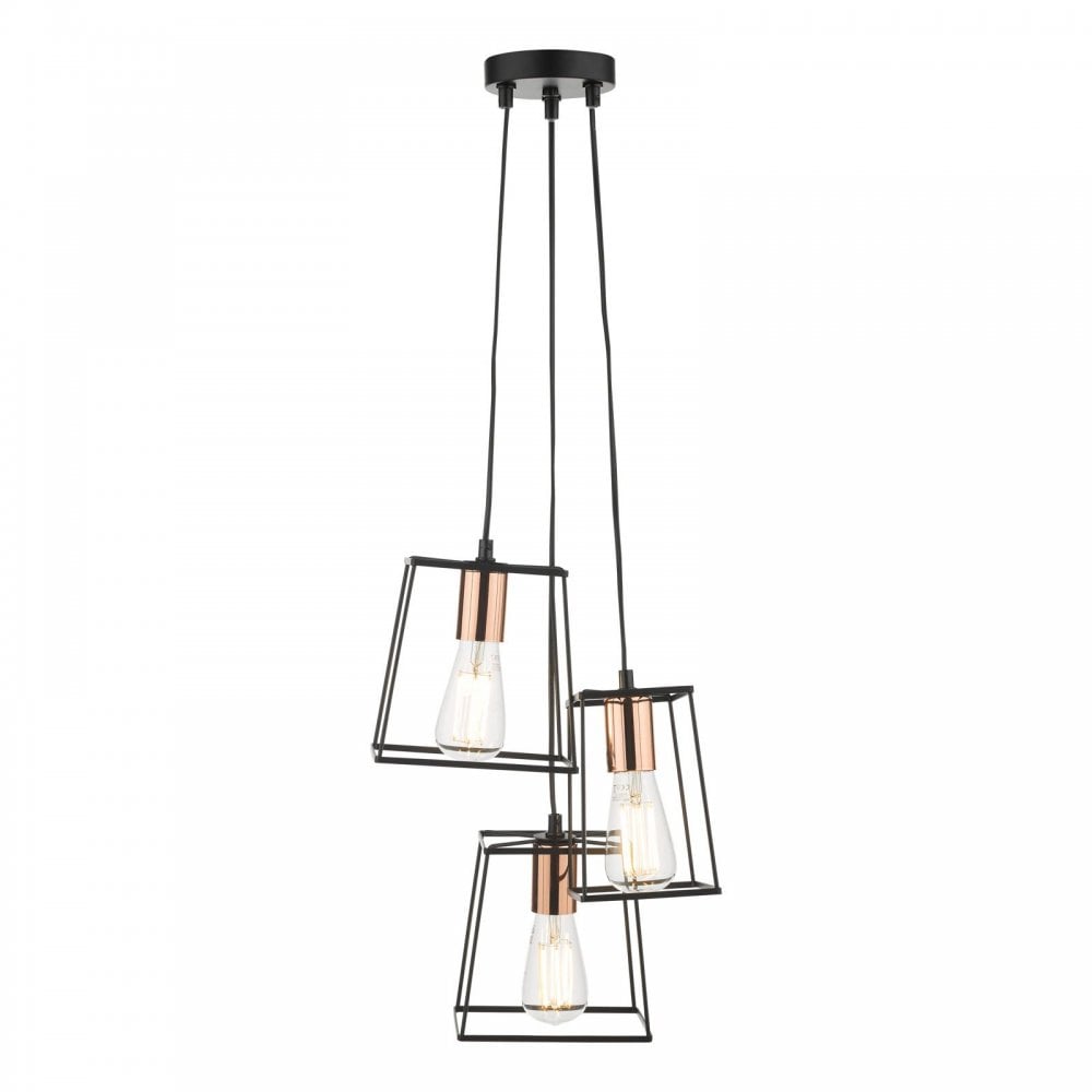 Tower 3 Light Cluster Pendant Black with Copper Detail