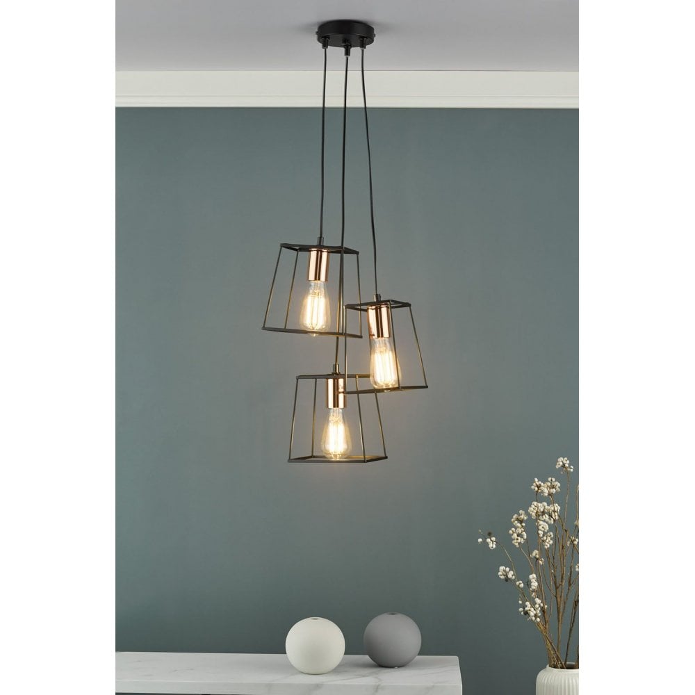 Tower 3 Light Cluster Pendant Black with Copper Detail