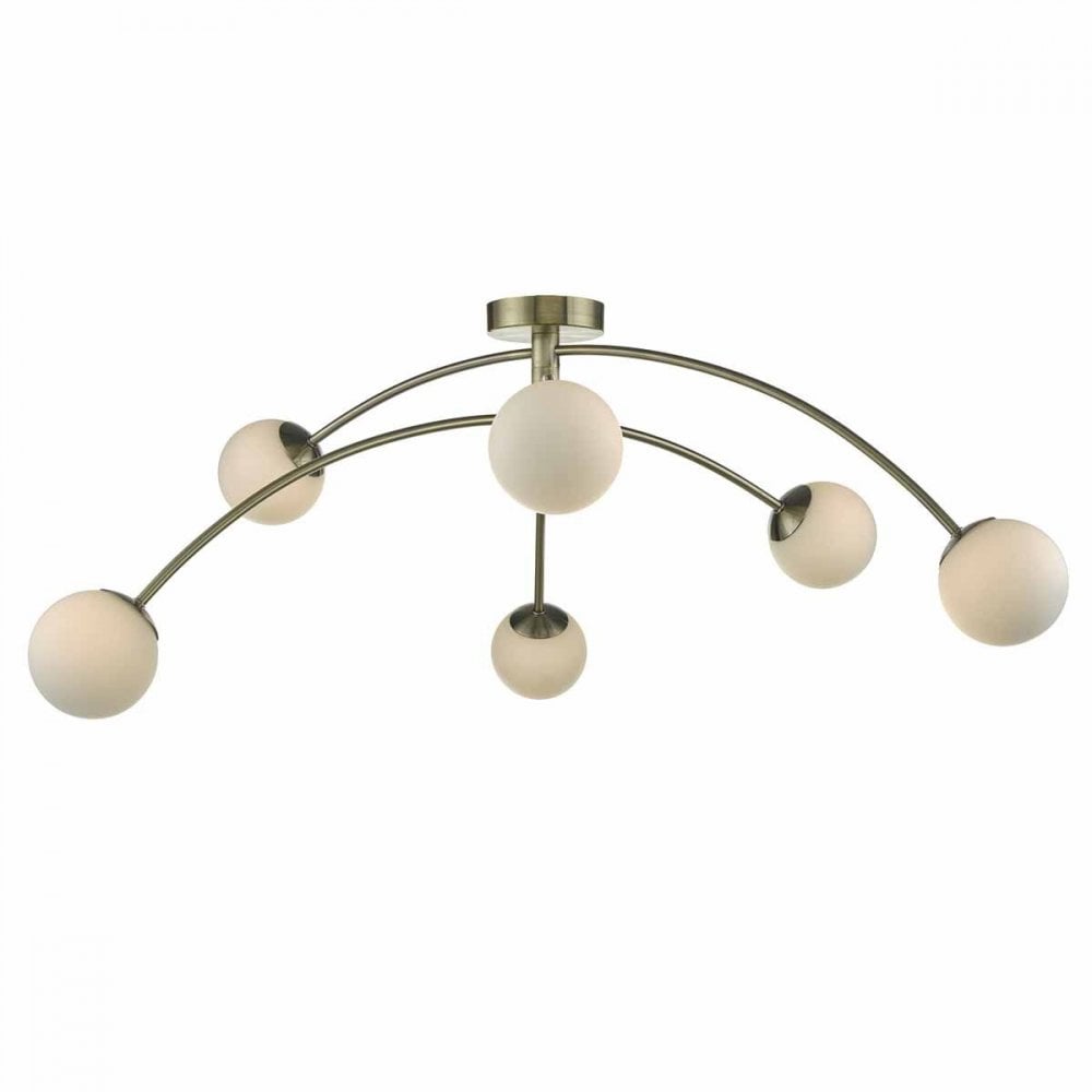 Puglia 6 Light Semi Flush in Antique Brass with Opal Shades