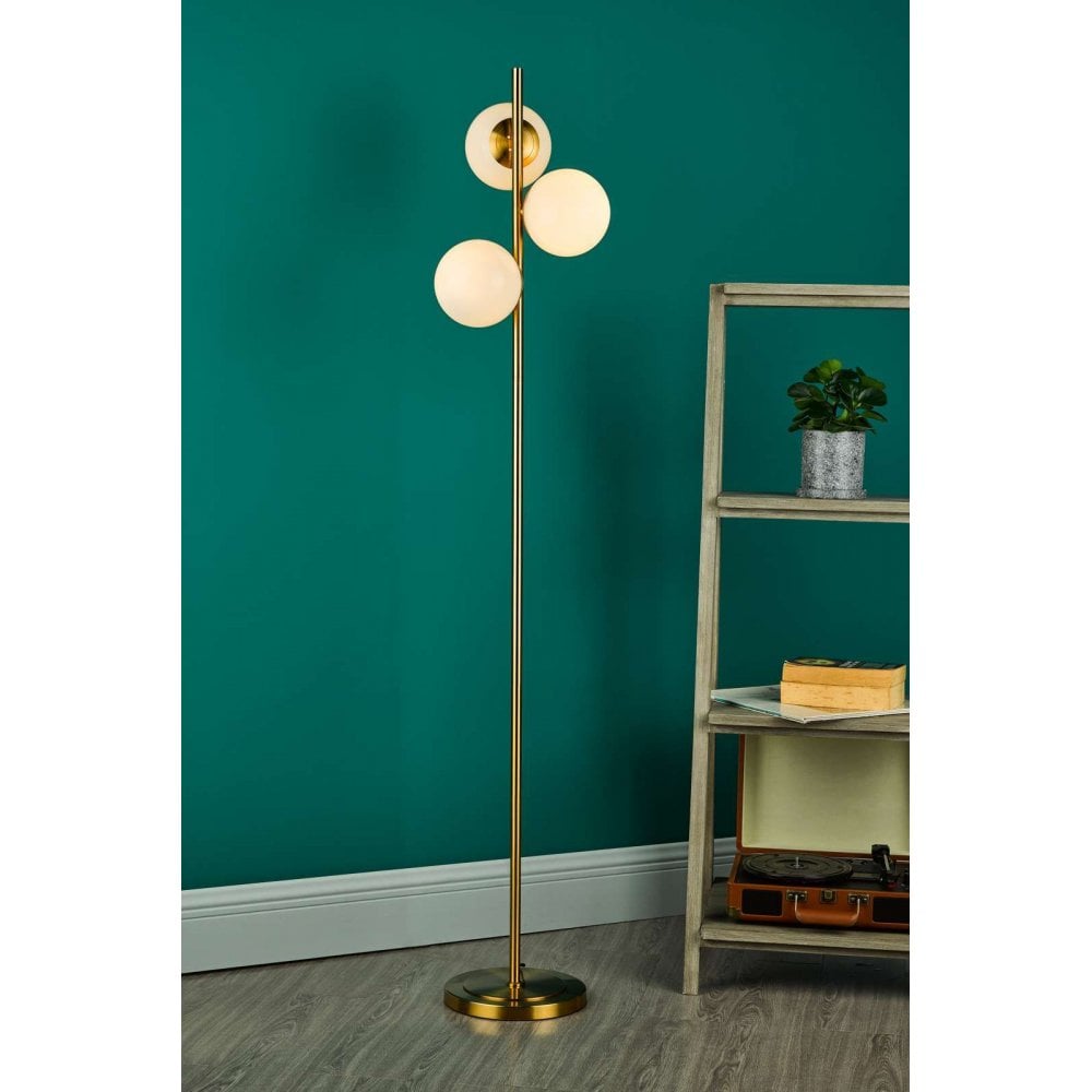 Bombazine 3 Light Floor Lamp in Natural Brass C/W Opal Glass