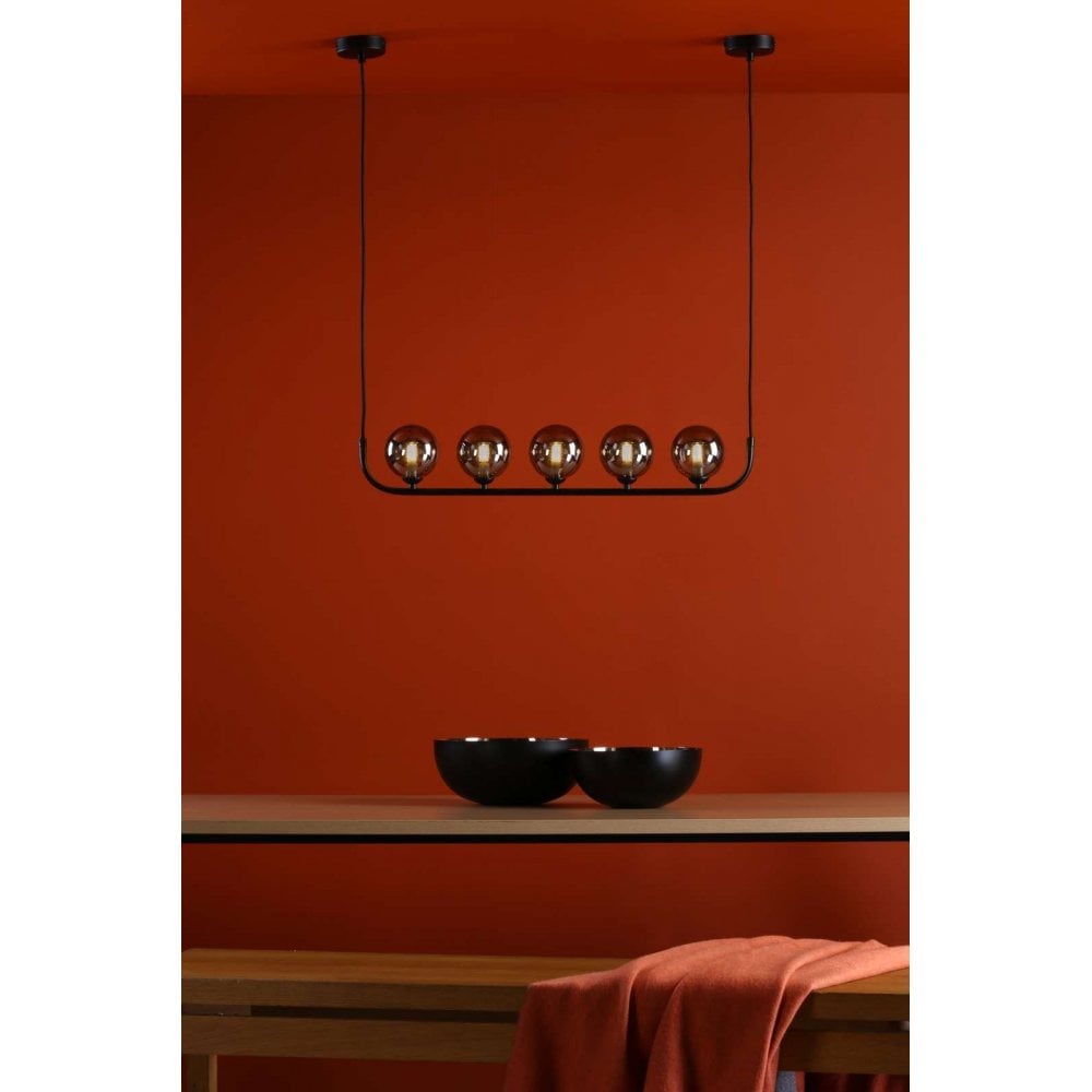 Cradle 5 Light Bar Pendant in Matt Black & Smoked Glass