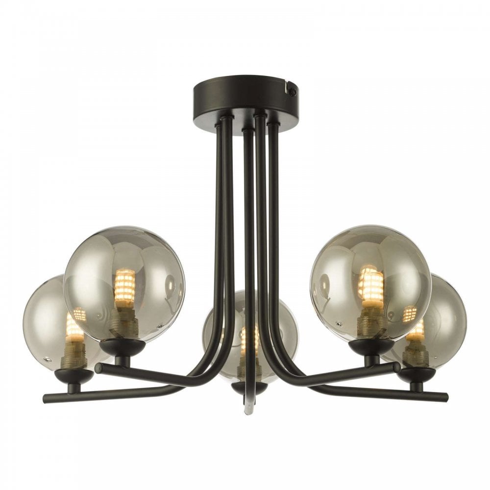 Cradle 5 Light Matt Black Semi Flush with Smoked Glass