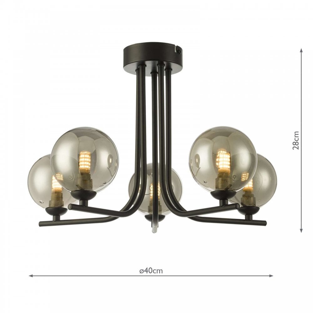 Cradle 5 Light Matt Black Semi Flush with Smoked Glass