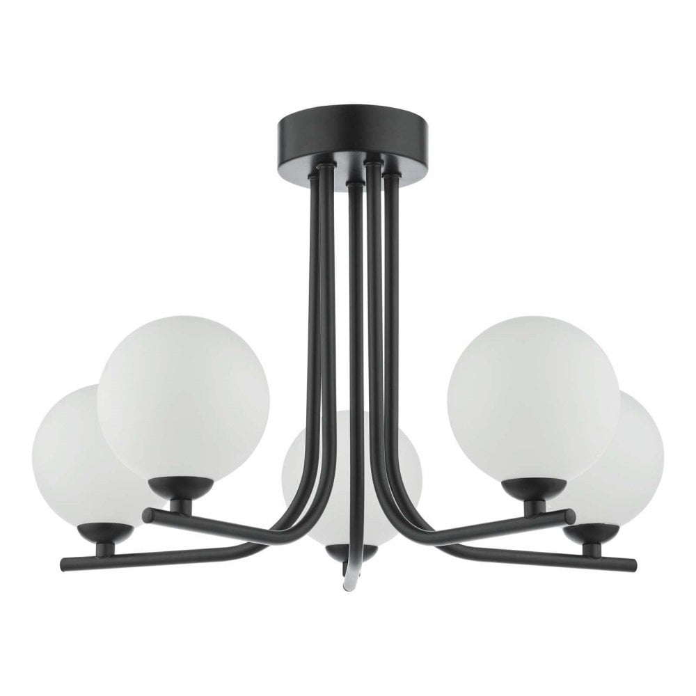 Cradle 5 Light Matt Black Semi Flush with Opal Glass