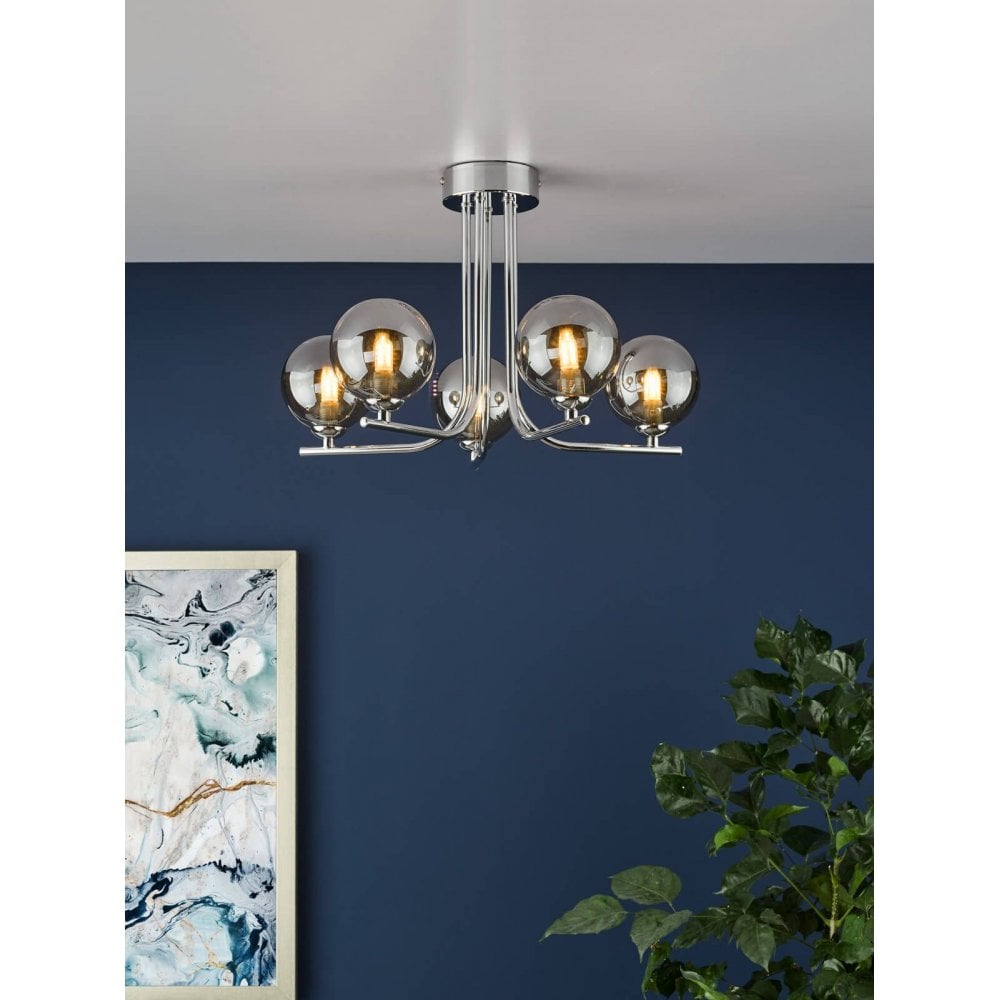 Cradle 5 Light Polished Chrome Semi Flush with Smoked Glass