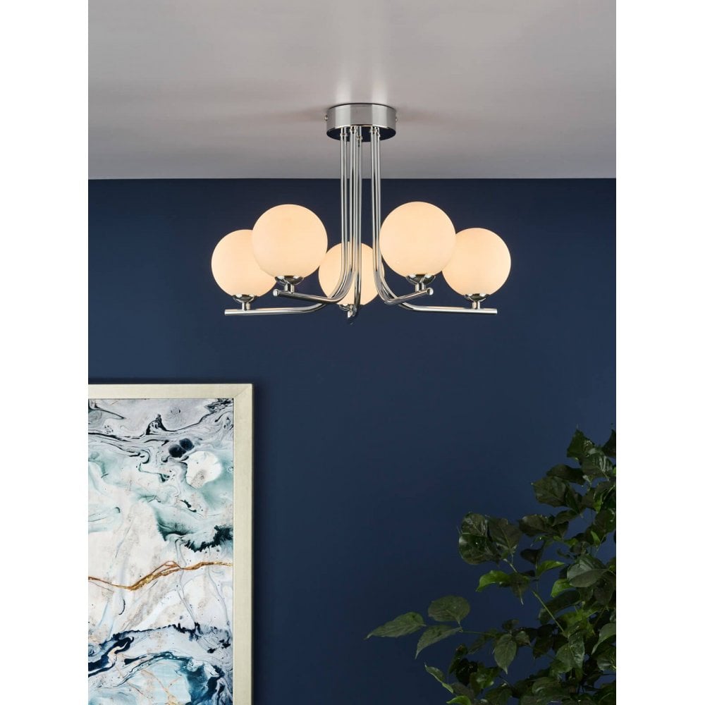 Cradle 5 Light Polished Chrome Semi Flush with Opal Glass