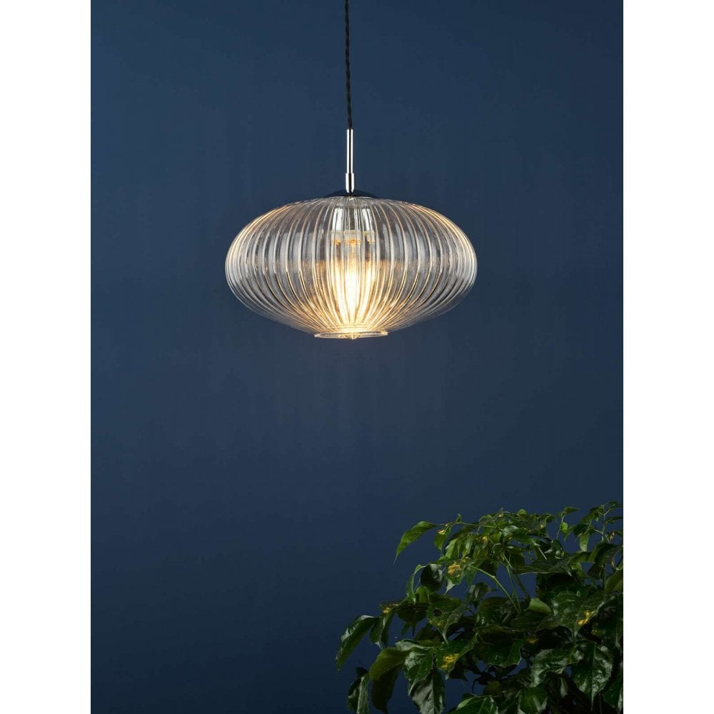 Edmond Single Pendant in Polished Chrome & Ribbed Glass