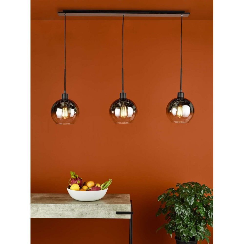 Lycia 3 Light Black Bar Pendant C/W Smoked Glass Shades