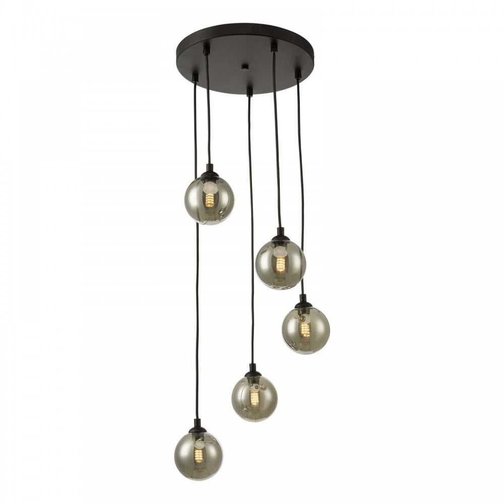 Federico 5 Light Pendant in Black & Smoked Glass