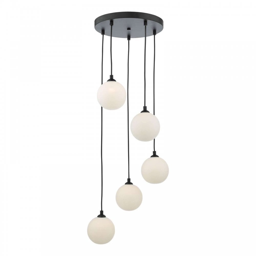 Federico 5 Light Pendant in Black & Opal Glass