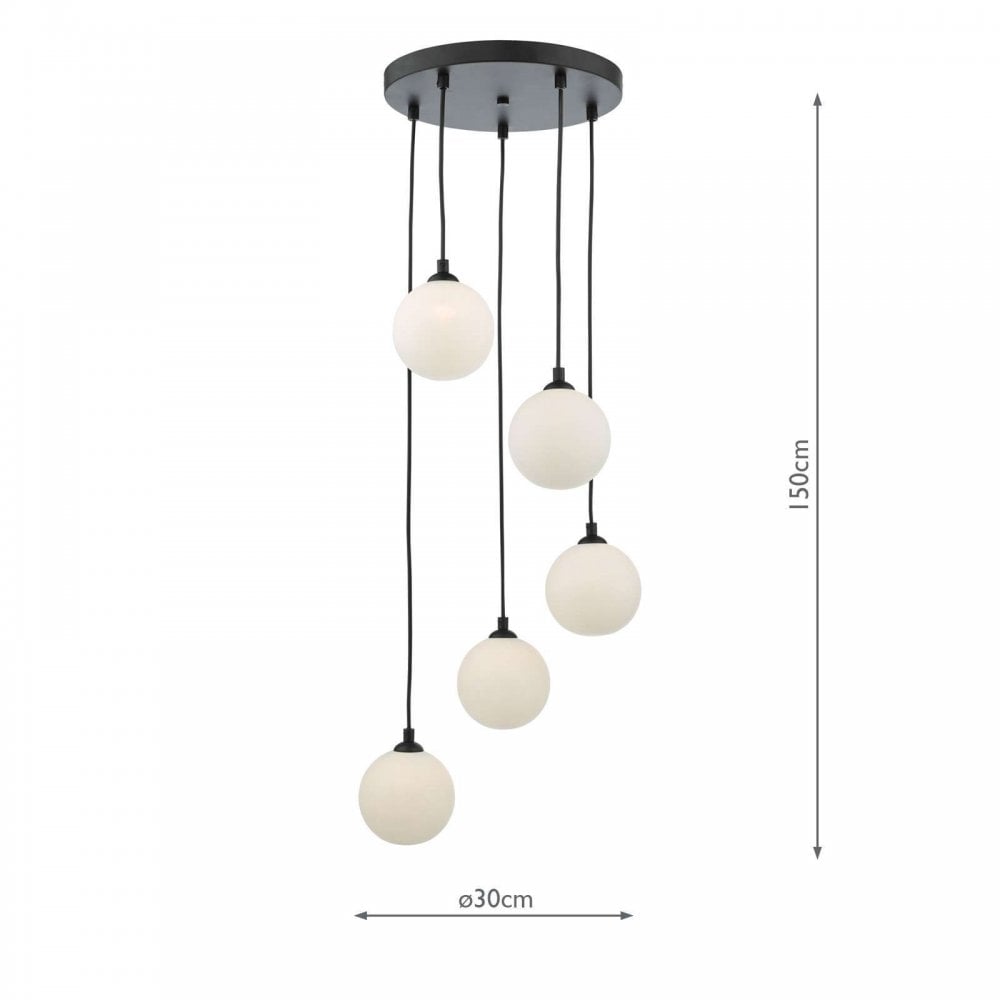 Federico 5 Light Pendant in Black & Opal Glass