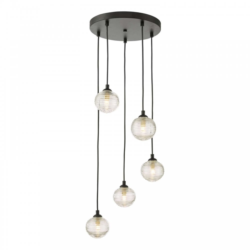 Federico 5 Light Pendant in Black & Ribbed Glass