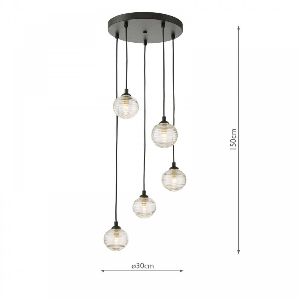 Federico 5 Light Pendant in Black & Ribbed Glass