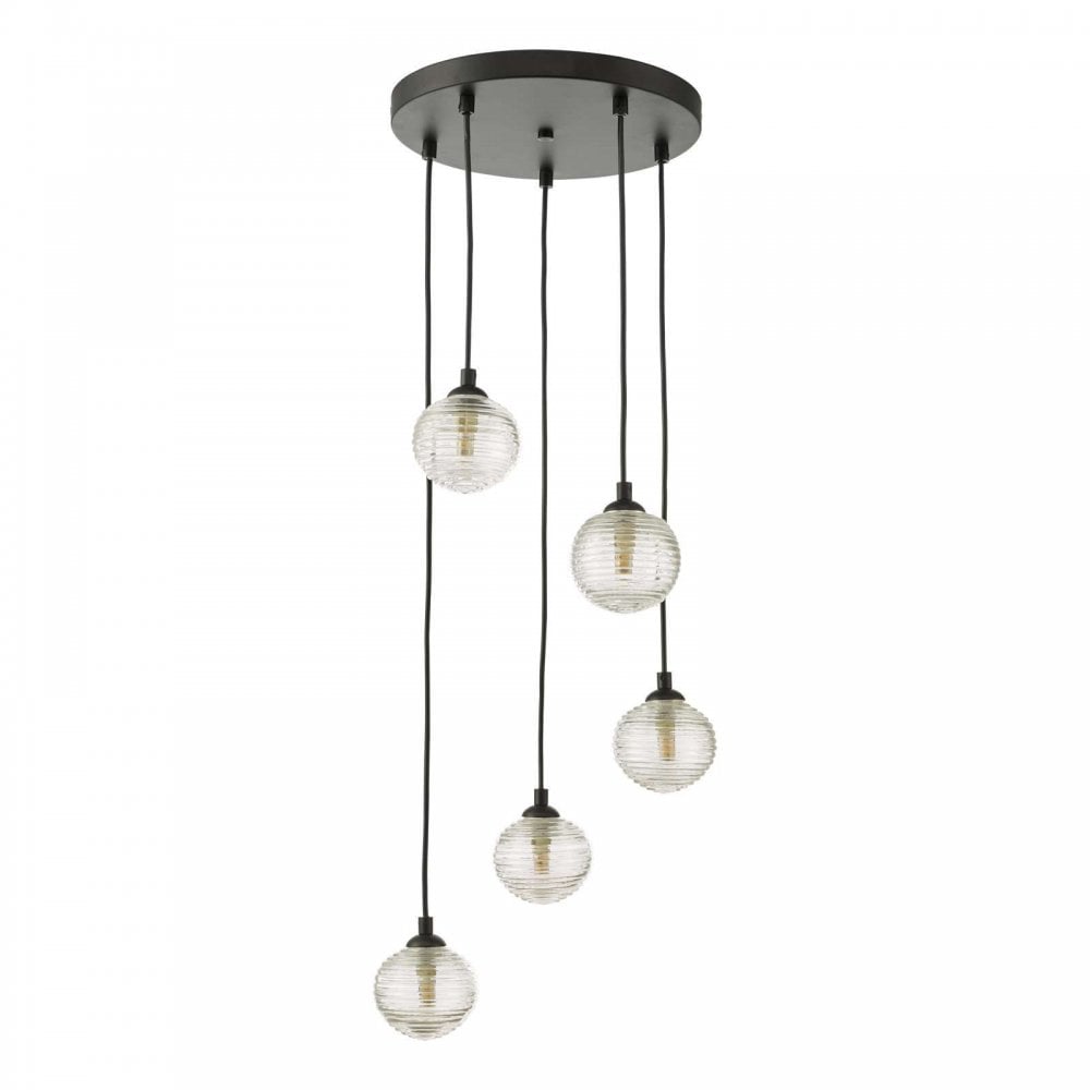 Federico 5 Light Pendant in Black & Ribbed Glass