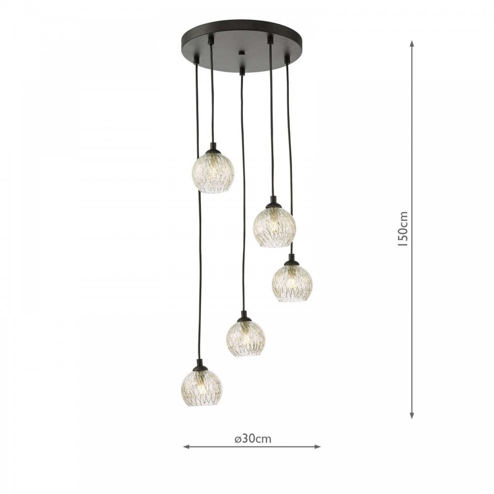Federico 5 Light Pendant in Black & Clear/Wire Glass