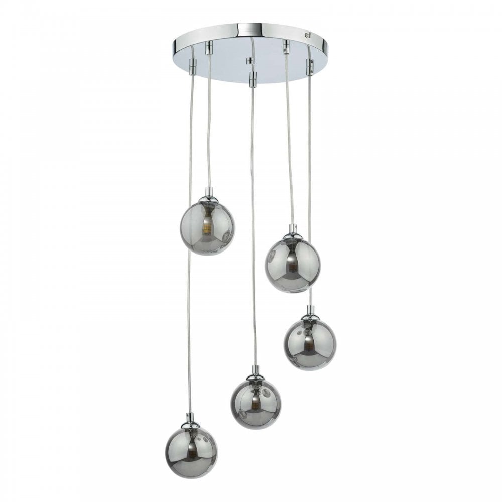 Federico 5 Light Pendant in Polished Chrome & Smoked Glass